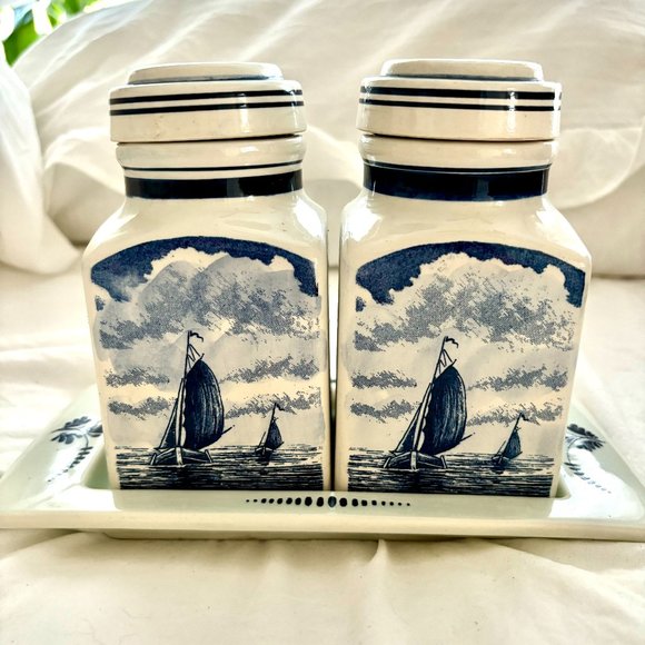 Vintage Delft Blue Blauw Hand Painted Spice Jar bottles Canister Set Tray Dutch - Picture 1 of 16